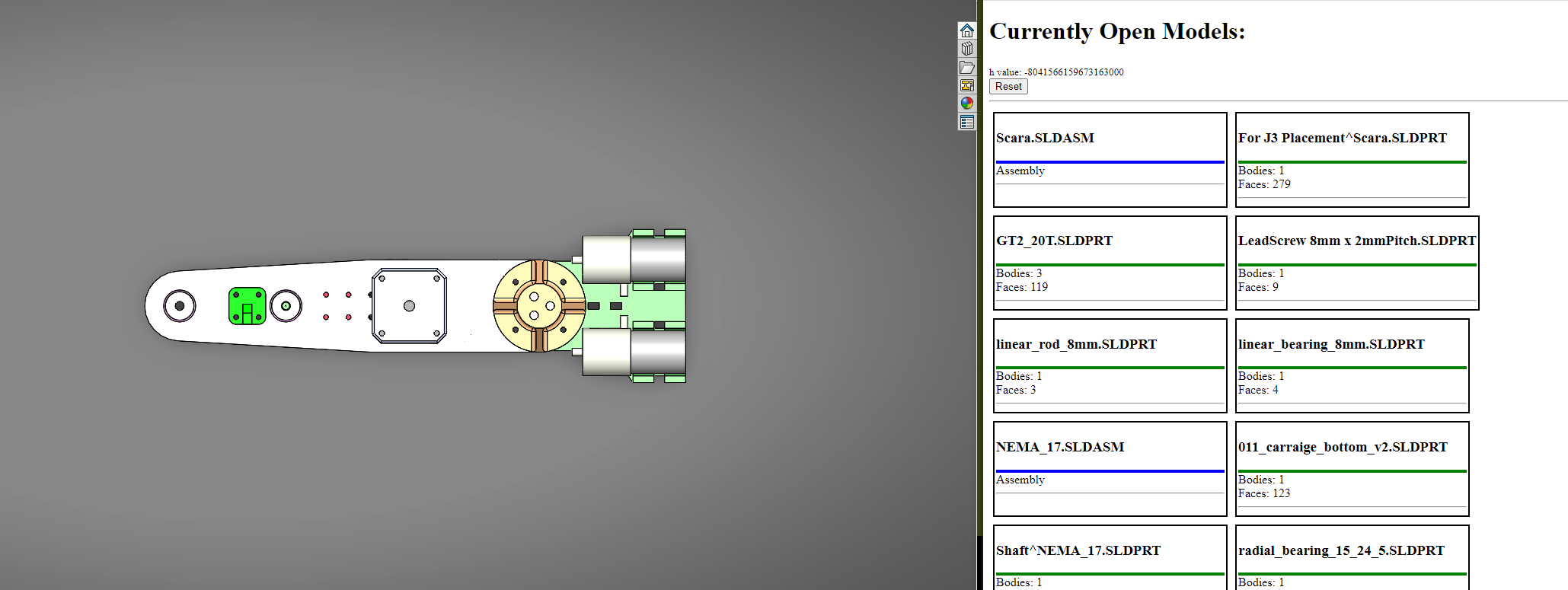 SolidWorks model and corresponding webapp display.